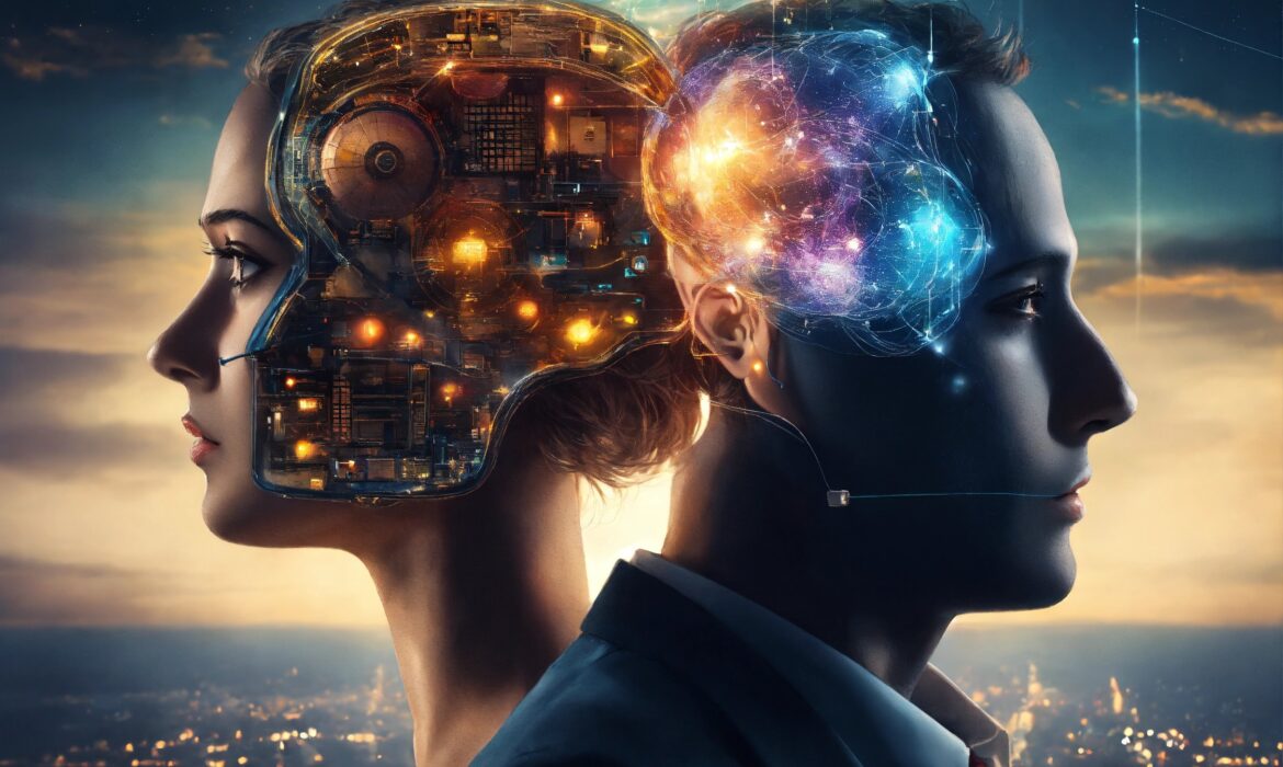 AI graphic showing a brain with neural connections next to mechanical parts replacing a brain