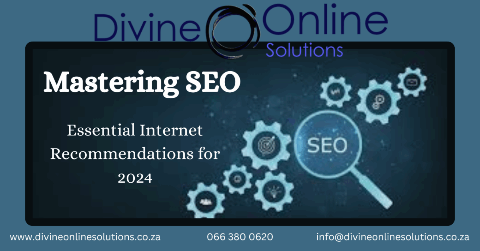 mastering seo illustrated by gears and a magnifying glass showing the word SEO